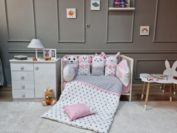 Yıldız Desenli Pembe Neşeli Dostlar Beşik Uyku Seti